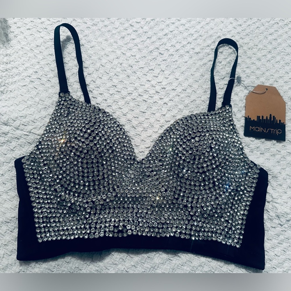 Main Strip Black and Silver Rhinestone Bustier Top
